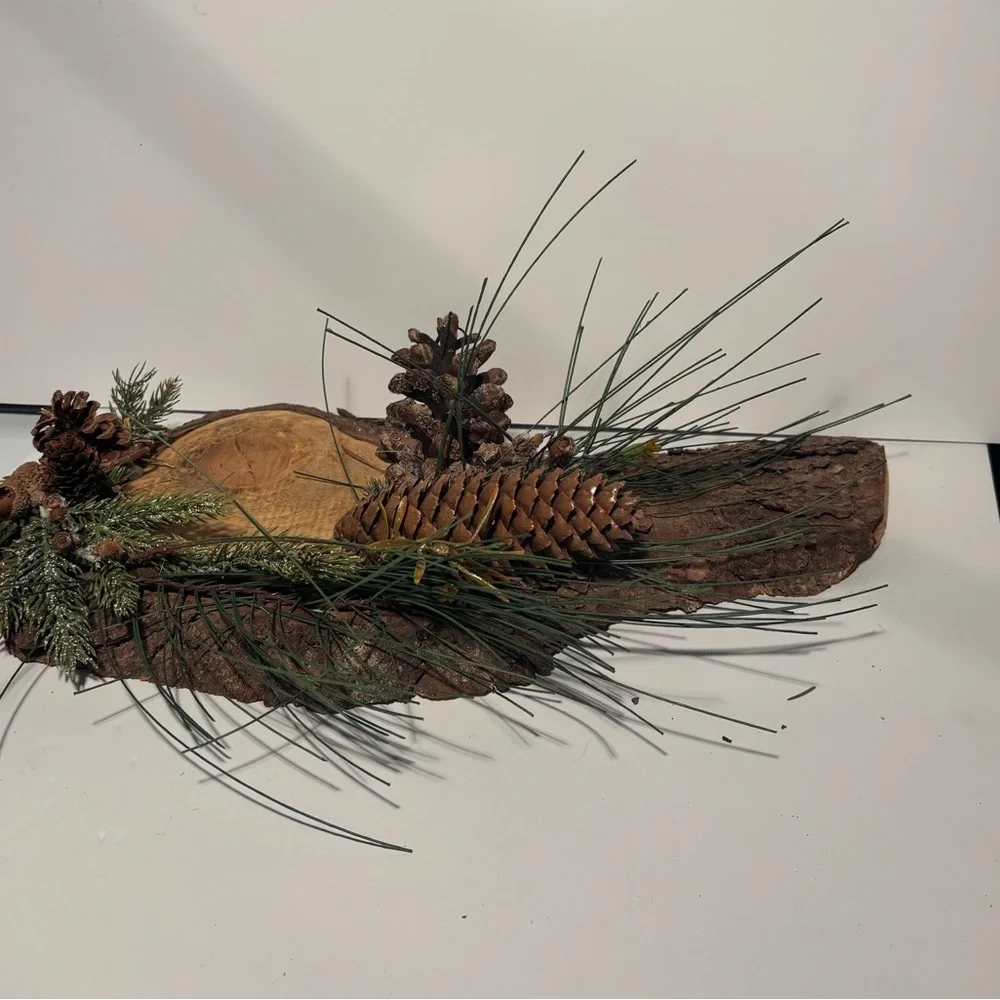 Rustic Live Wood Edge Holiday Log Candleholder with Woodsy Greens and Pinecones